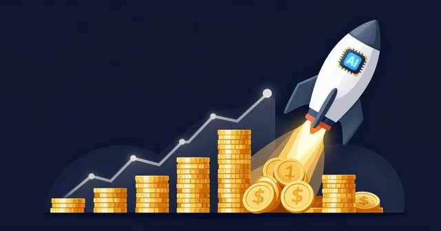 Illustration of a rocket launching over rising stacks of gold coins and a growth arrow
