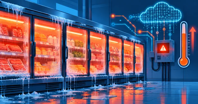 Illustration of a row of supermarket refrigerated display cases glowing orange as frost melts and drips onto the floor, beside a refrigeration control box showing a warning sign, wired to a cloud of binary code and a rising thermometer
