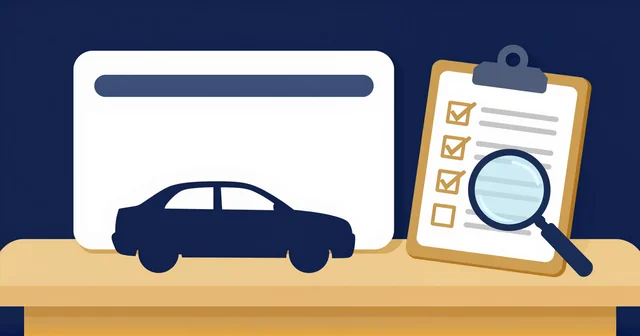 Illustration of a blank licence card, a car silhouette and a checklist clipboard under a magnifying glass