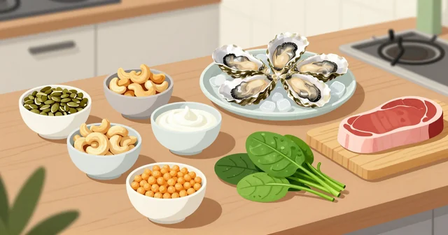 Illustration of zinc-rich foods: pumpkin seeds, cashews, chickpeas, yogurt, spinach, oysters and a steak