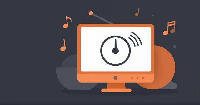 Illustration of a monitor showing a radio tuner dial with an antenna and floating music notes