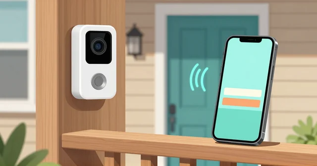 Illustration of a video doorbell beside a front door with a phone showing a motion alert