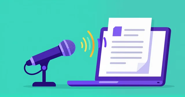 Illustration of a microphone sending sound waves that become a document on a laptop