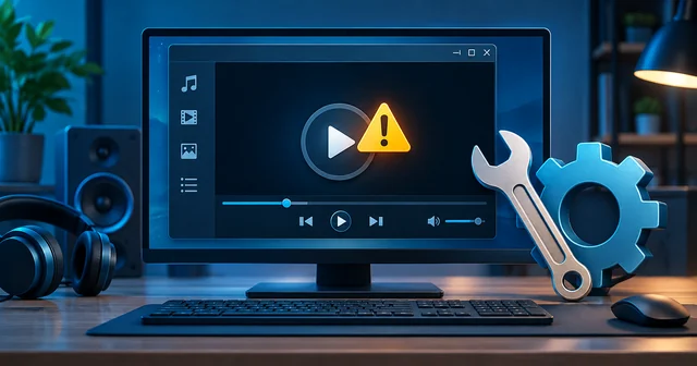 Illustration of a desktop media player window showing a warning sign over the play button, with a wrench and settings gear