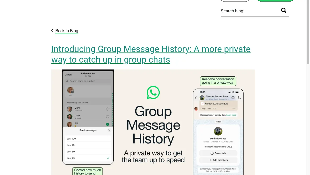 WhatsApp official blog announcement for Group Message History feature