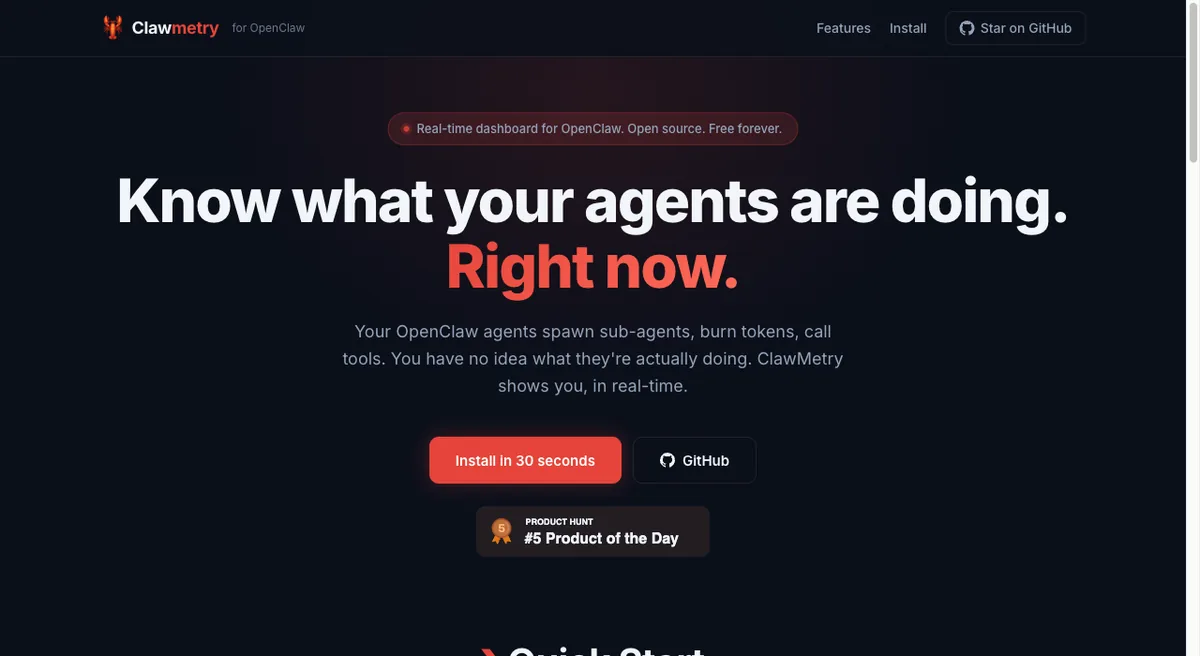 Clawmetry homepage — real-time dashboard for OpenClaw AI agents