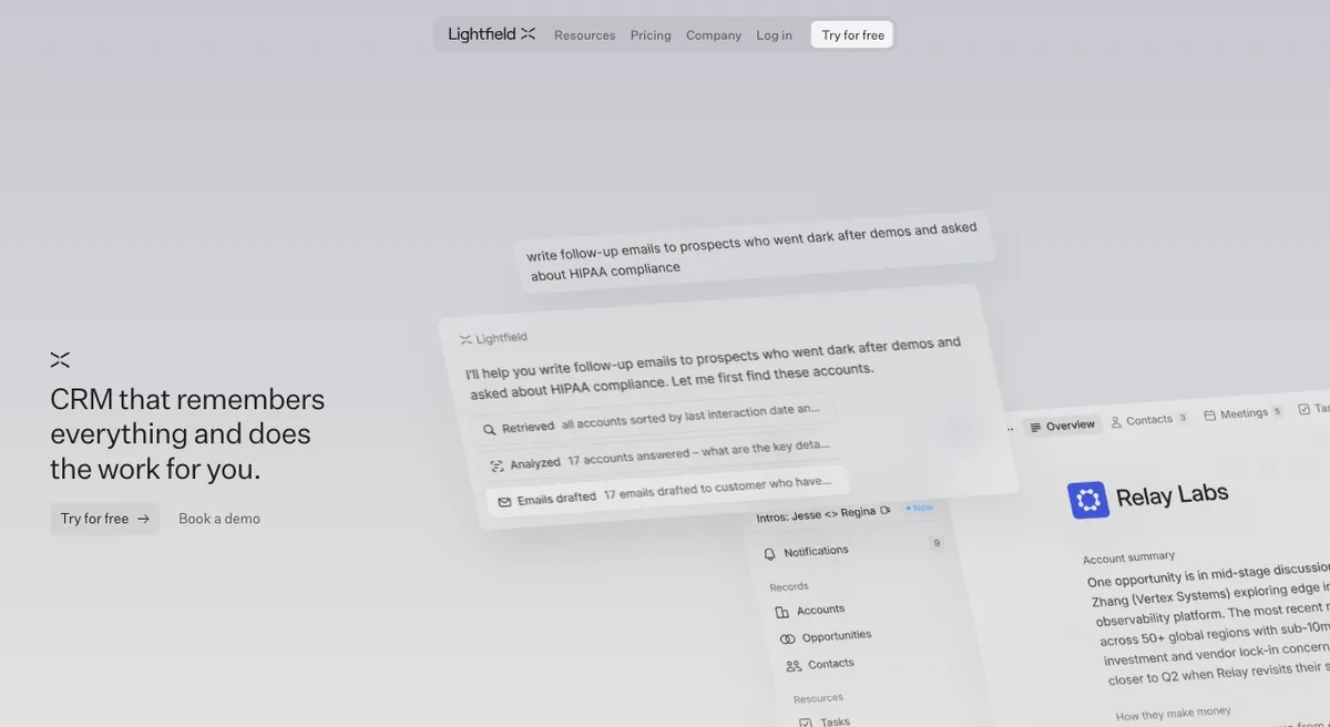 Lightfield AI-native CRM homepage — CRM that remembers everything and does the work for you