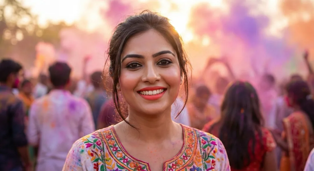 Radiant Indian woman with complete flawless Holi-proof makeup at festival with colourful powder in the air