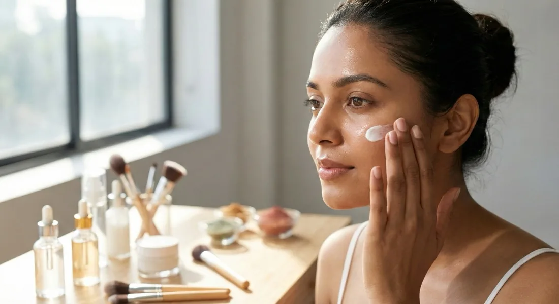 Indian woman applying sunscreen and primer before Holi makeup