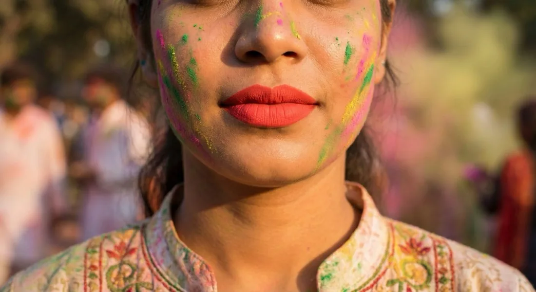 Indian woman with bold coral-red matte lip color perfectly intact at Holi festival