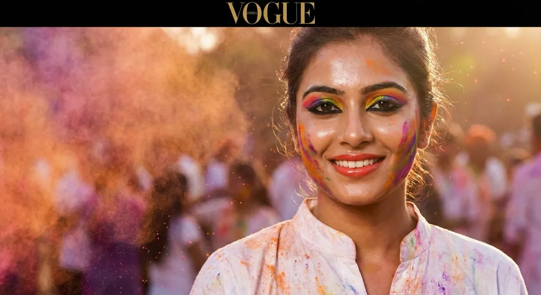 Beautiful Indian woman with flawless Holi-proof makeup at festival