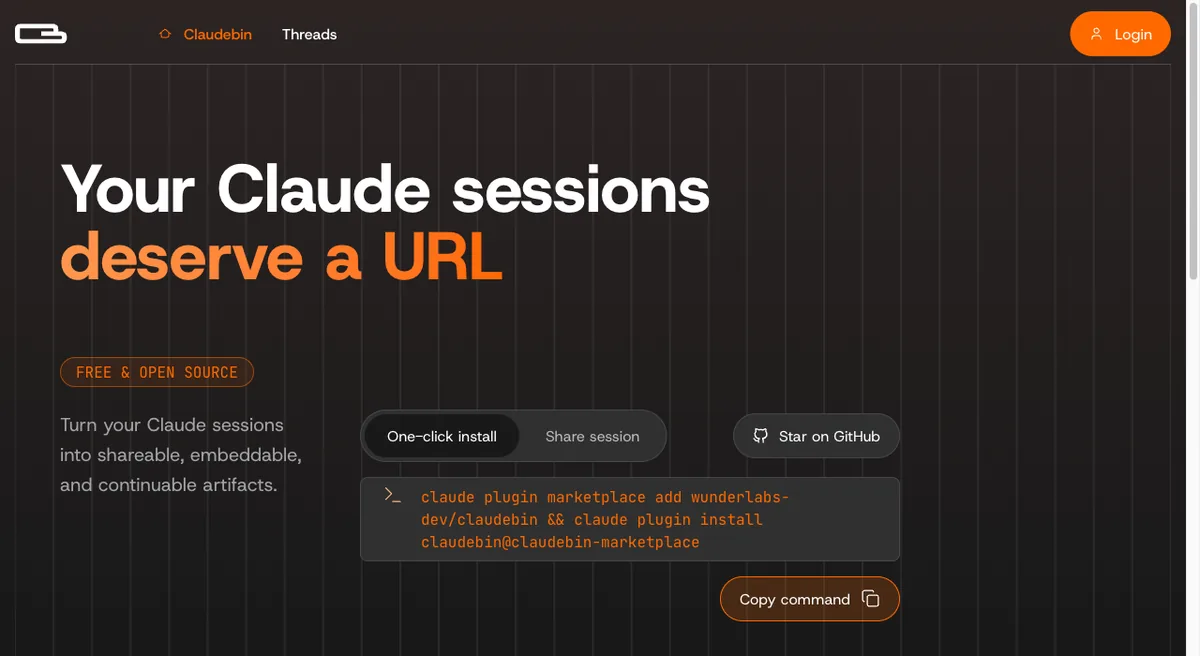 Claudebin homepage — Your Claude sessions deserve a URL