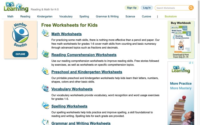 K5 Learning — free printables for kids homepage