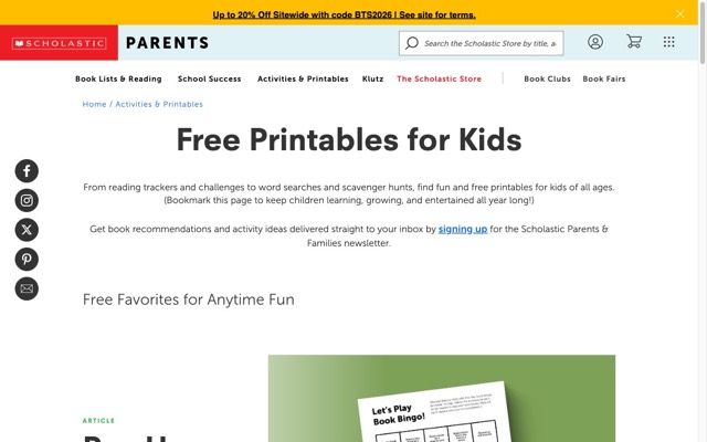 Scholastic Parents — free printables for kids homepage
