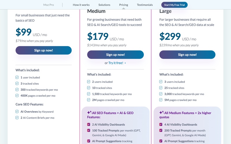 Moz Pro pricing plans screenshot