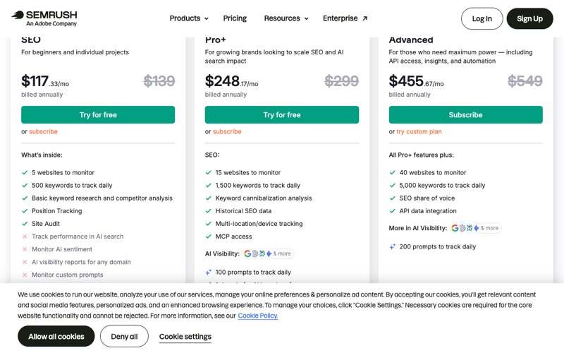 Semrush pricing plans screenshot