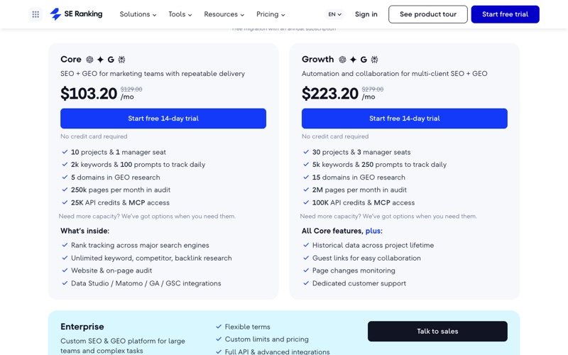 SE Ranking pricing plans screenshot