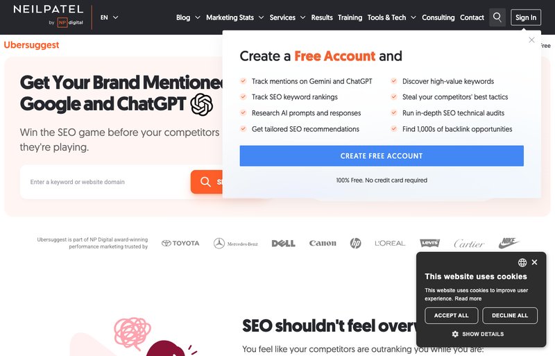 Ubersuggest homepage screenshot