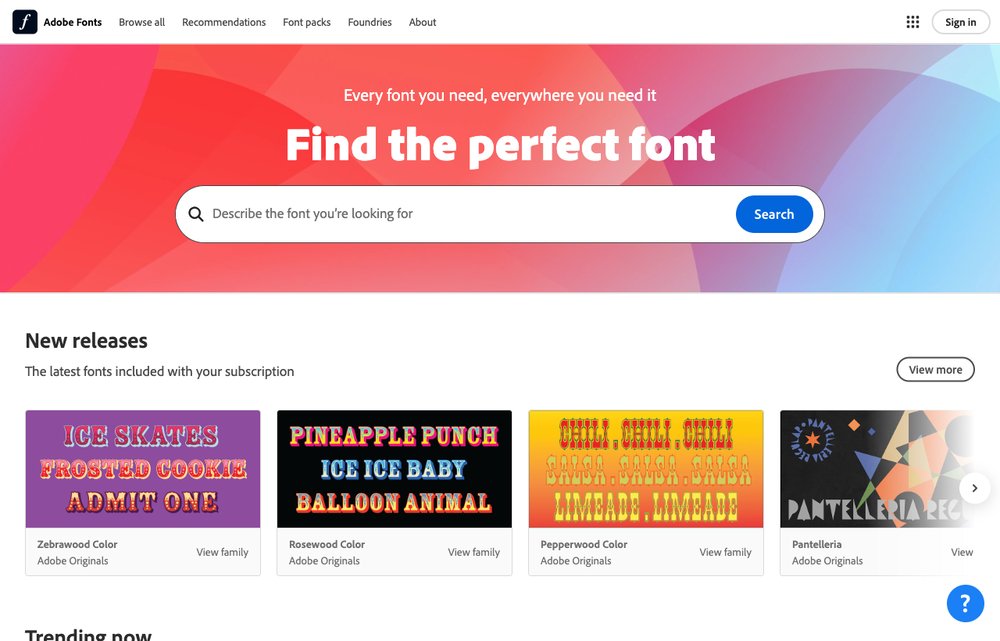 Adobe Fonts homepage screenshot