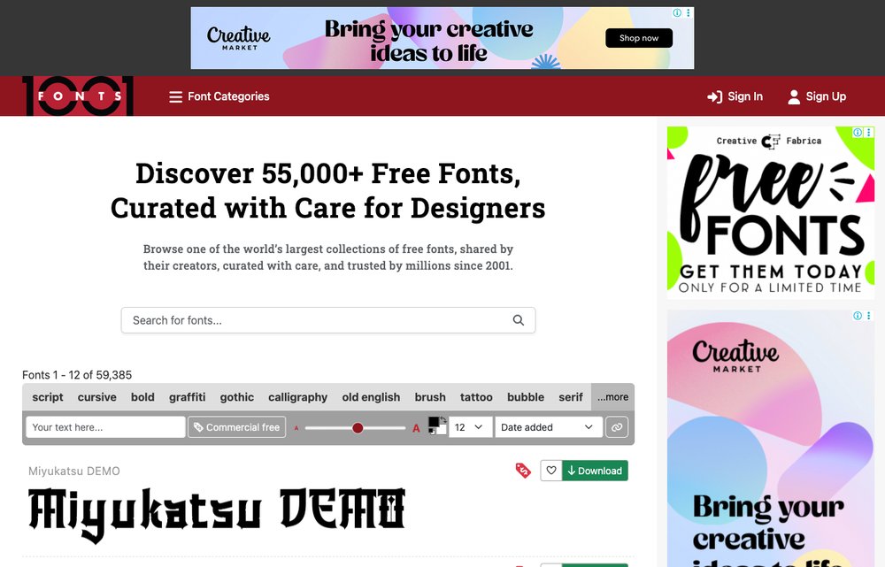 1001 Fonts homepage screenshot