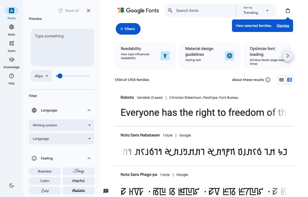 Google Fonts homepage screenshot