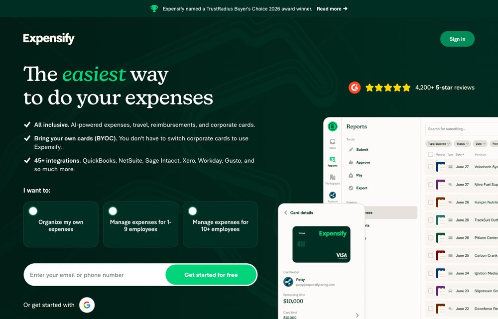 Expensify expense software homepage screenshot