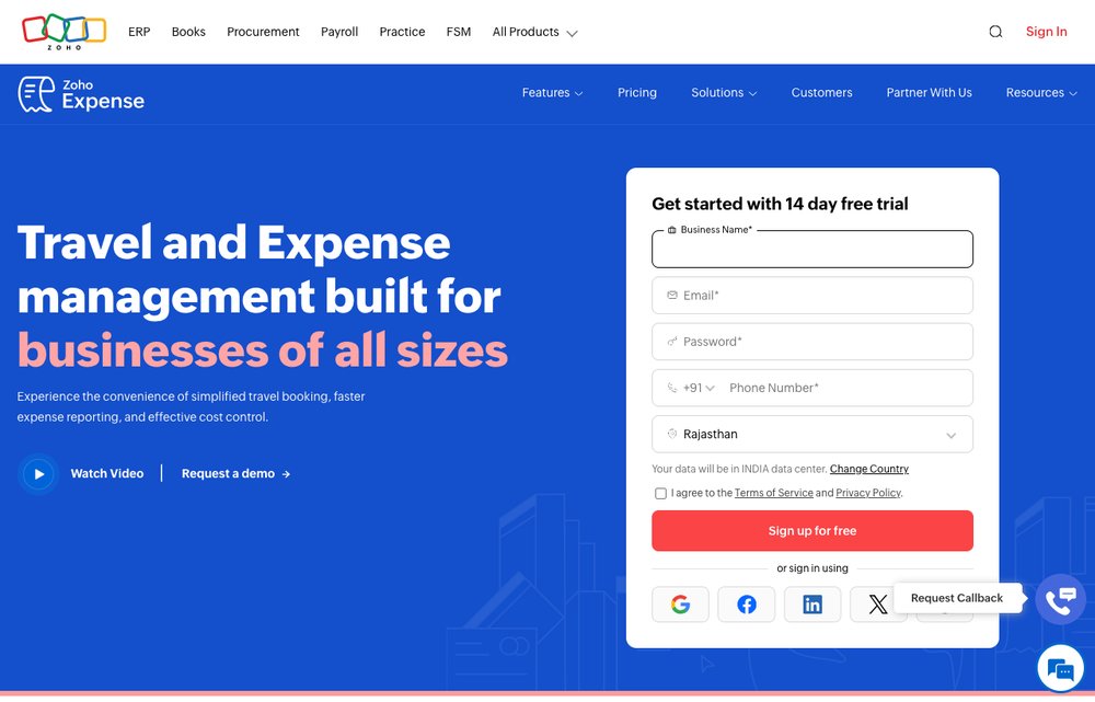 Zoho Expense expense software homepage screenshot