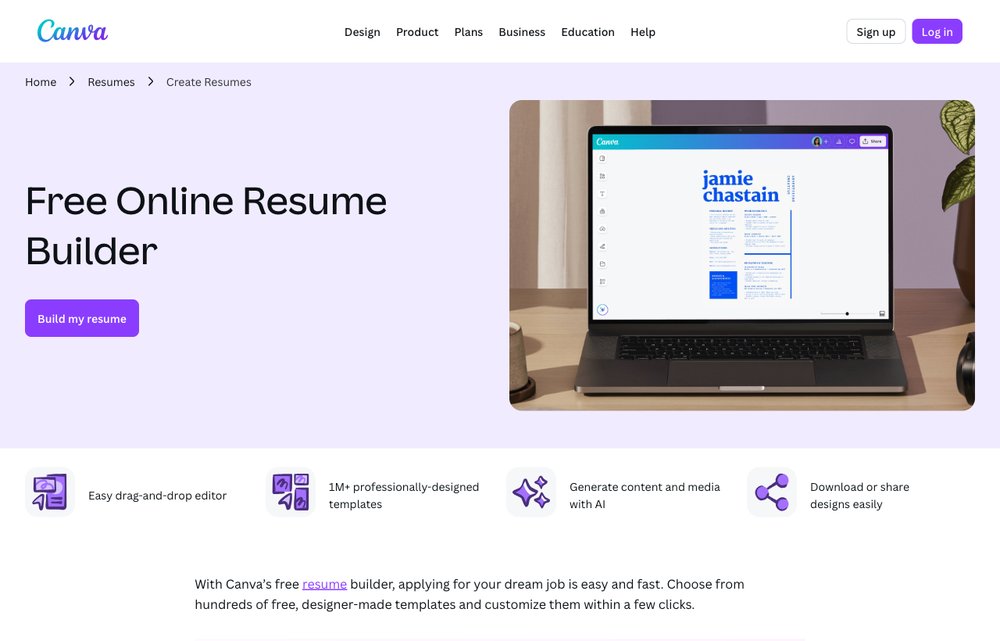 Canva resume builder homepage screenshot