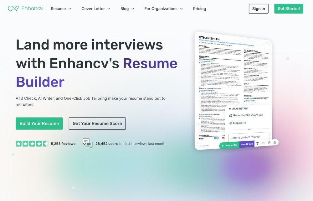 Enhancv resume builder homepage screenshot