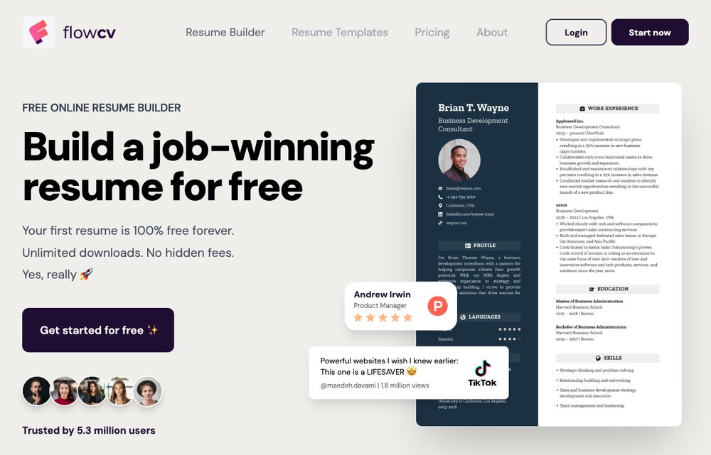 FlowCV resume builder homepage screenshot
