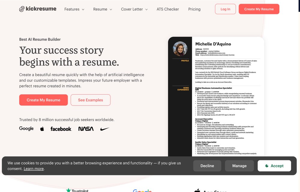 Kickresume resume builder homepage screenshot