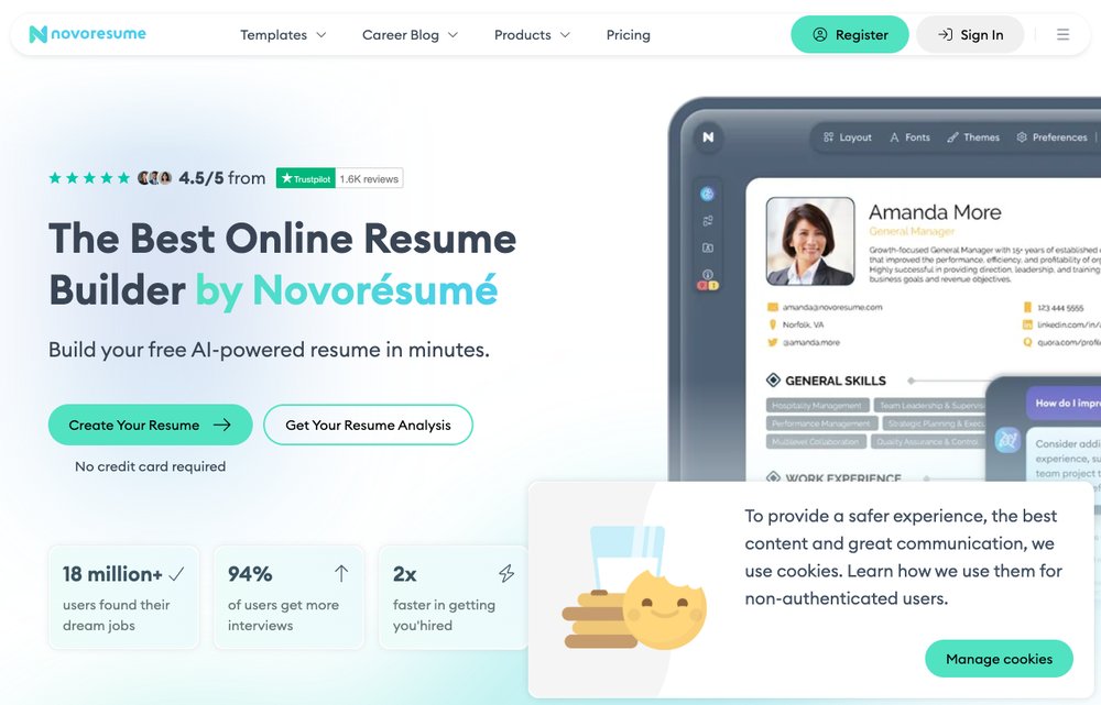 Novoresume resume builder homepage screenshot
