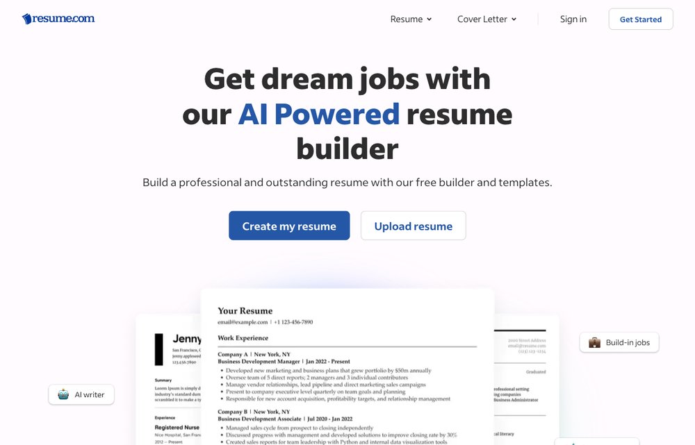 Resume.com resume builder homepage screenshot