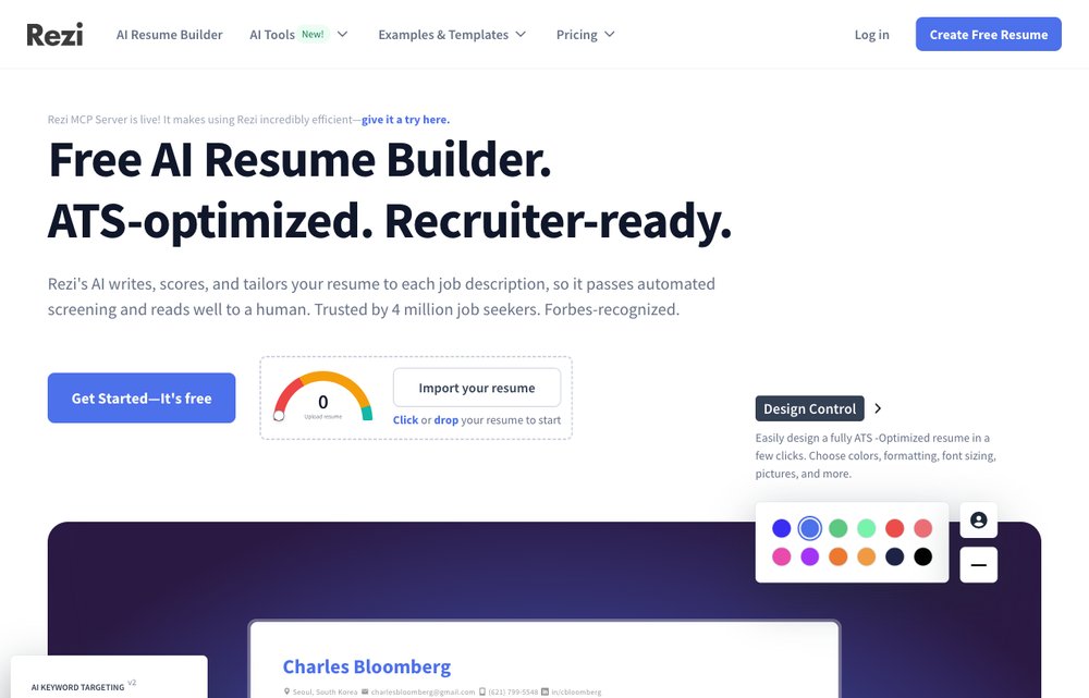 Rezi resume builder homepage screenshot