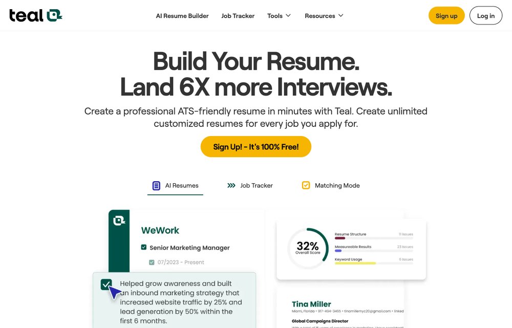 Teal resume builder homepage screenshot