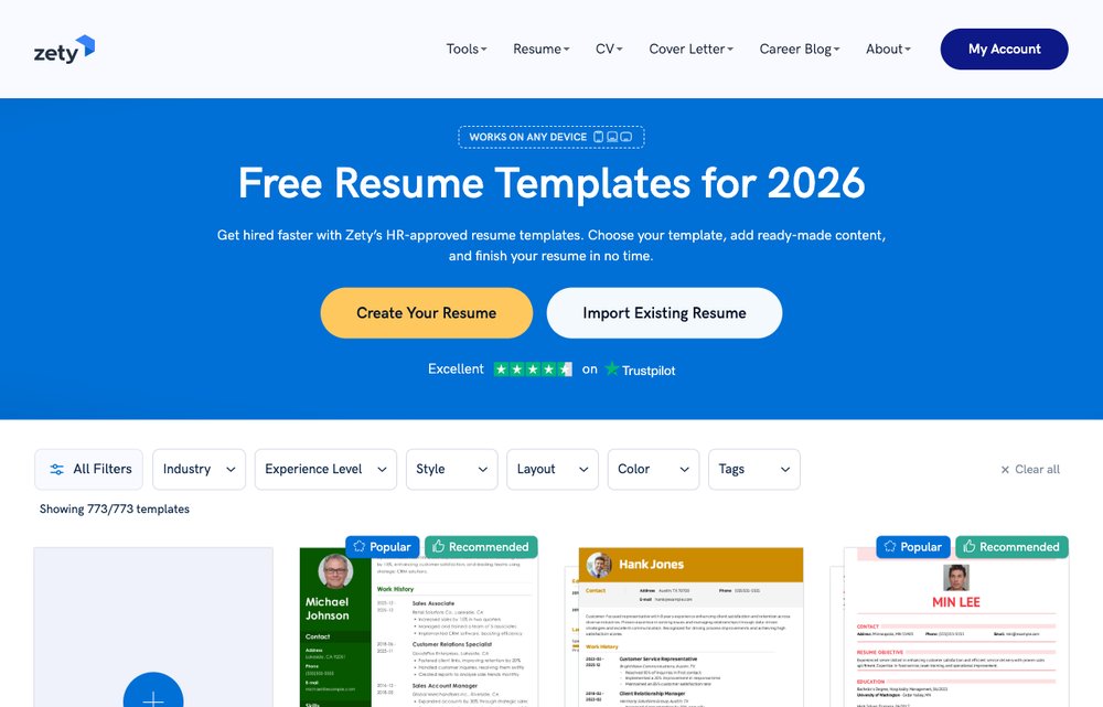 Zety resume builder homepage screenshot