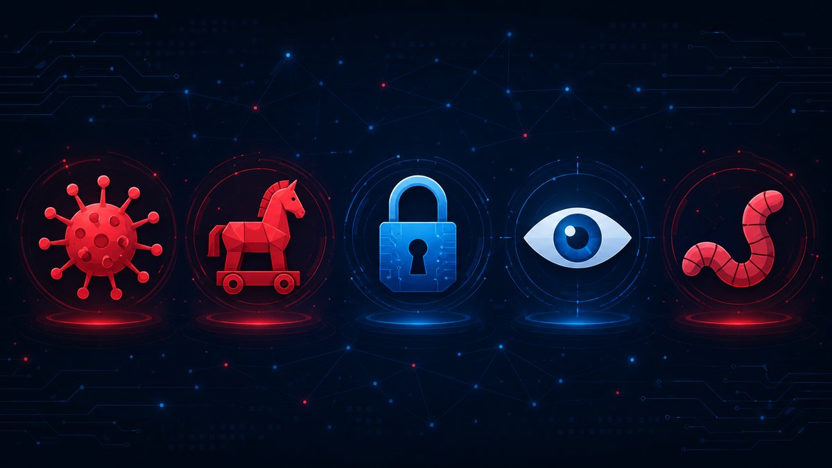 Types of malware — virus, trojan, ransomware, spyware and worm icons