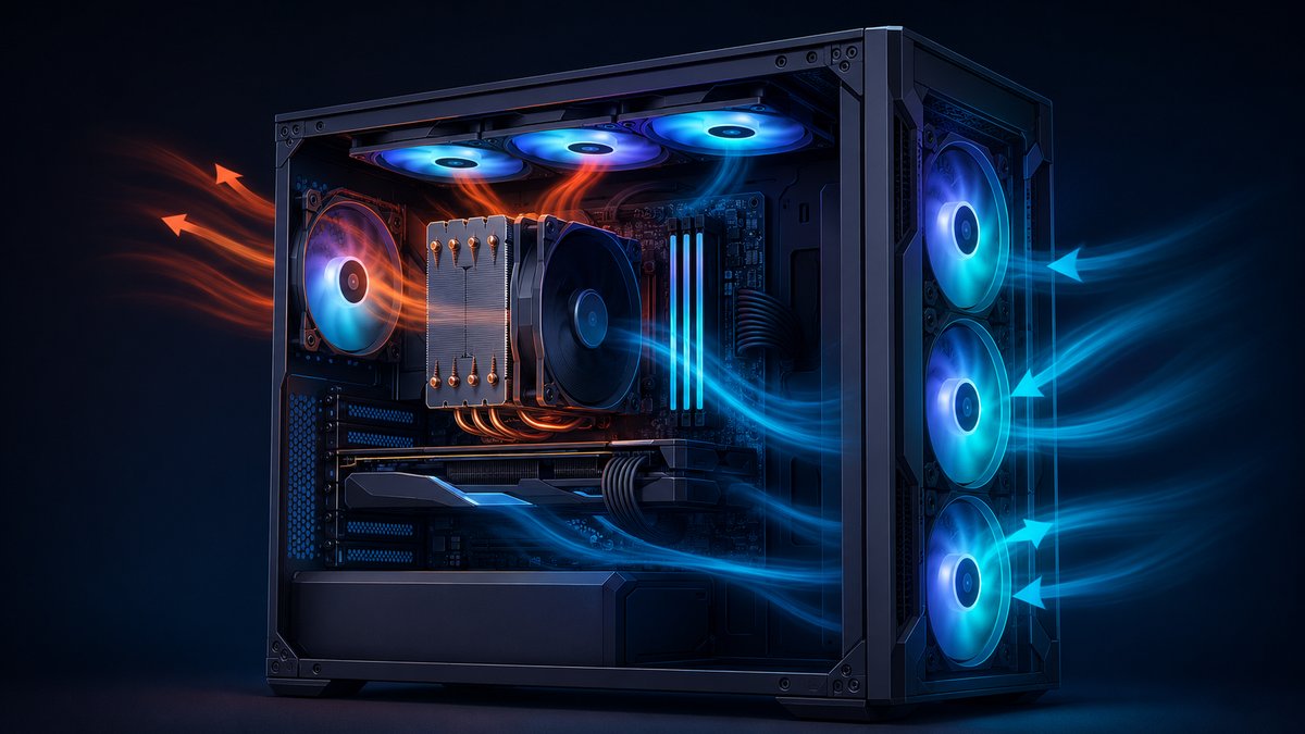 Computer cooling system with RGB case fans and CPU cooler airflow