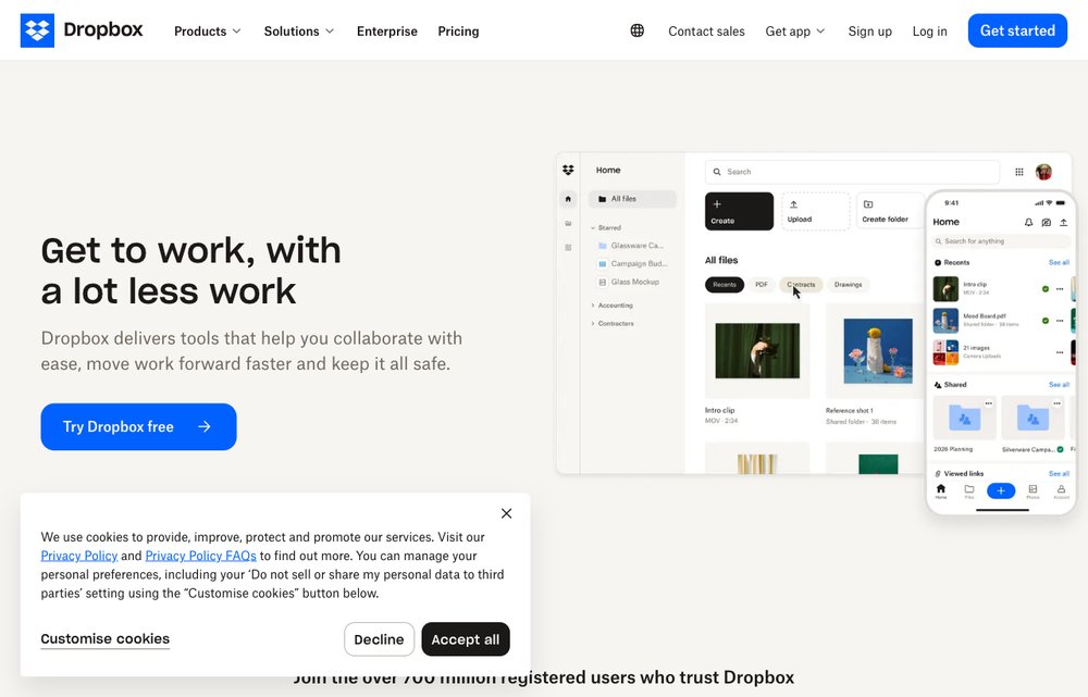 Dropbox homepage screenshot