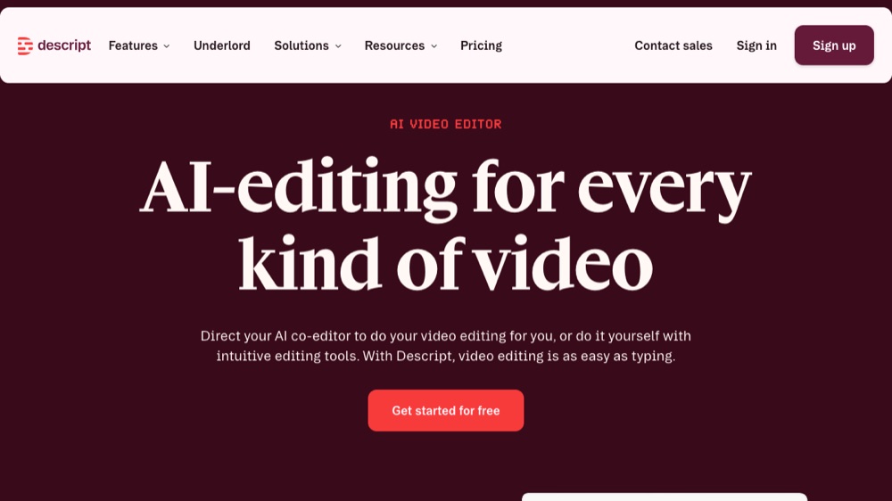 Descript AI video generator interface.