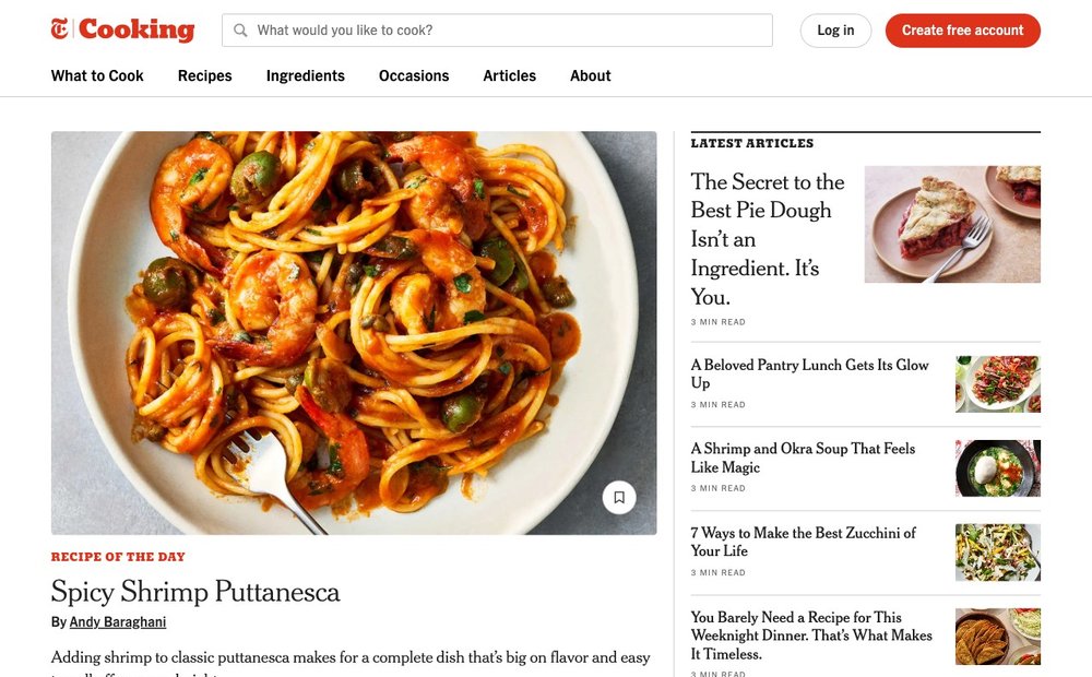 NYT Cooking homepage