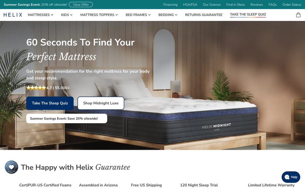 Helix Sleep homepage