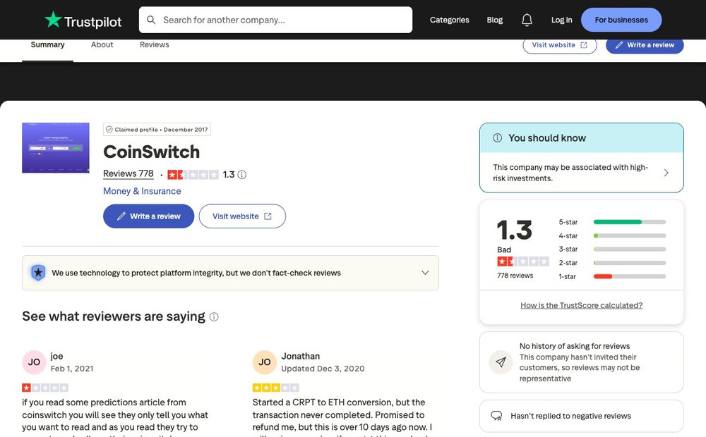 CoinSwitch Trustpilot reviews