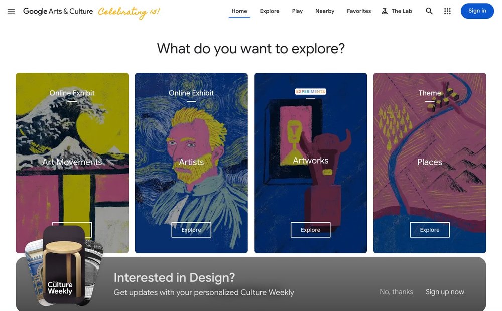 Google Arts & Culture homepage
