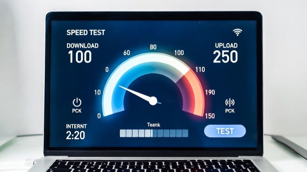 Laptop running an internet speed test showing download speed