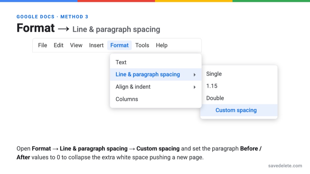 Format, Line and paragraph spacing, Custom spacing in Google Docs