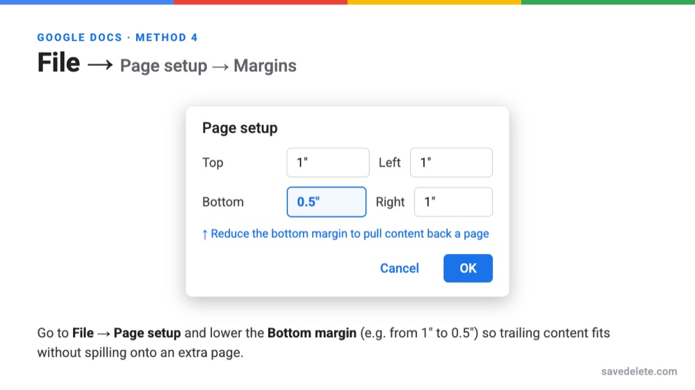 File, Page setup margins dialog in Google Docs