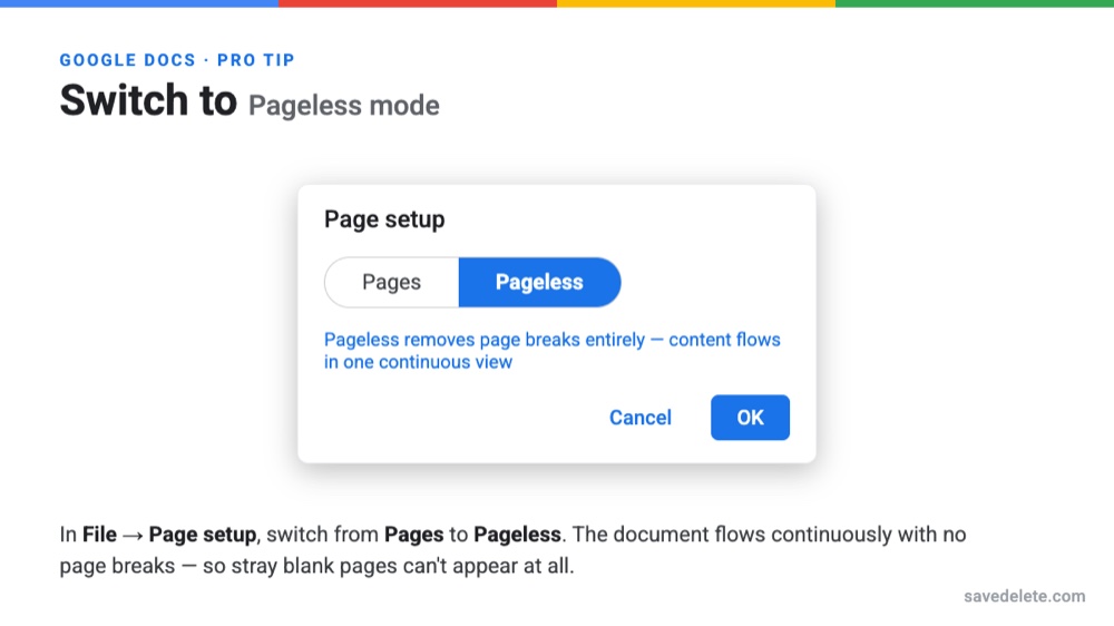 Switch Google Docs to Pageless mode in File, Page setup
