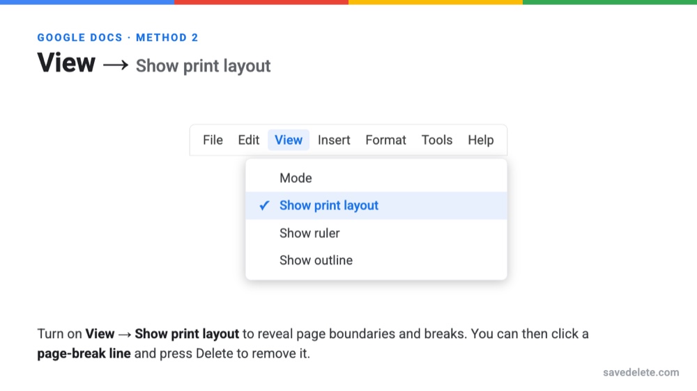 Turn on View, Show print layout in Google Docs to find page breaks