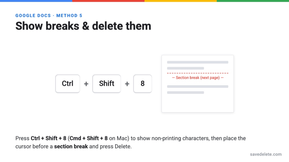Show non-printing characters with Ctrl Shift 8 to find section breaks